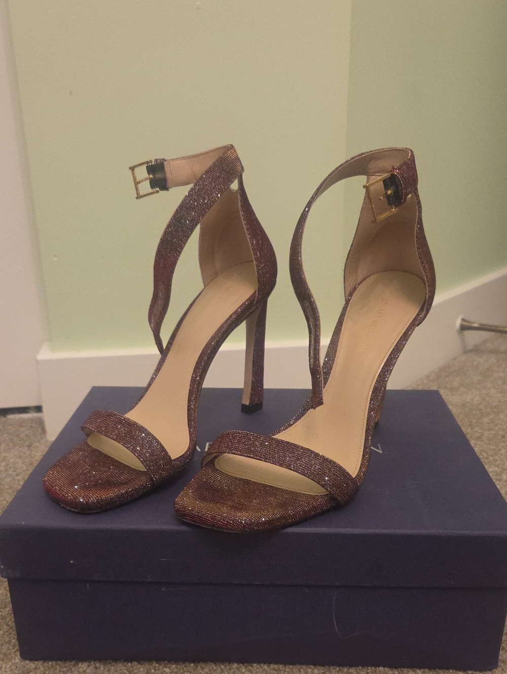 Stuart Weitzman Glitter Ankle-Strap Stilettos in Rose